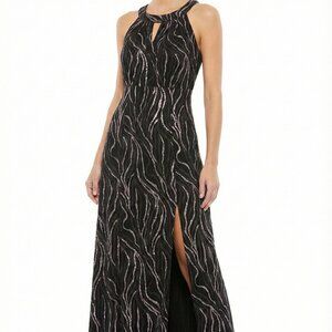 NWT Alexa B Size 12P Black Metallic Print Sleeveless Midi Maxi Dress Petite